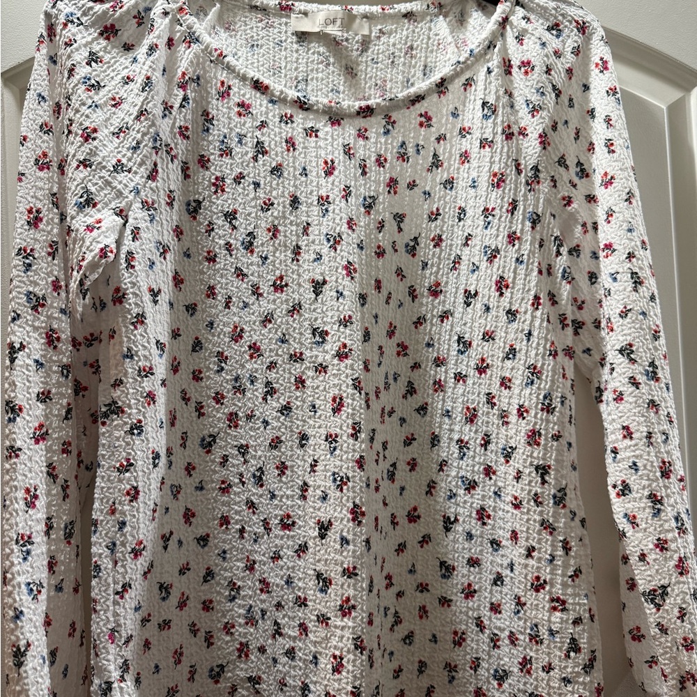 LOFT White Floral Textured Knit Top with Pink & Blue Accents